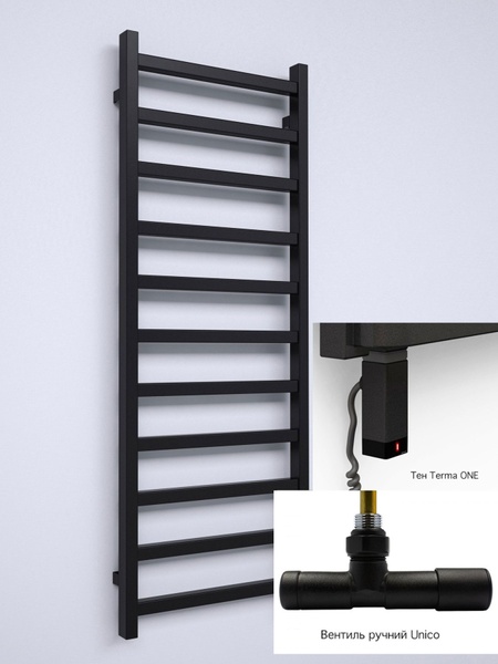 Рушникосушка комбінована Terma Simple 840x500 Black mat, тен ONE + вентиль Unico